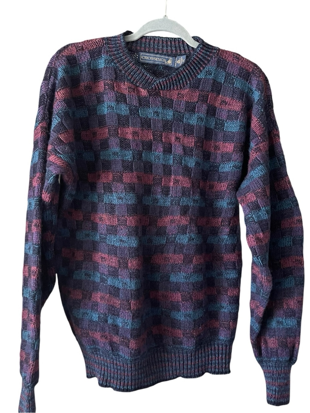 Crossings Vintage 100% Wool Knit Sweater USA Made XL Purple Blue Geometric